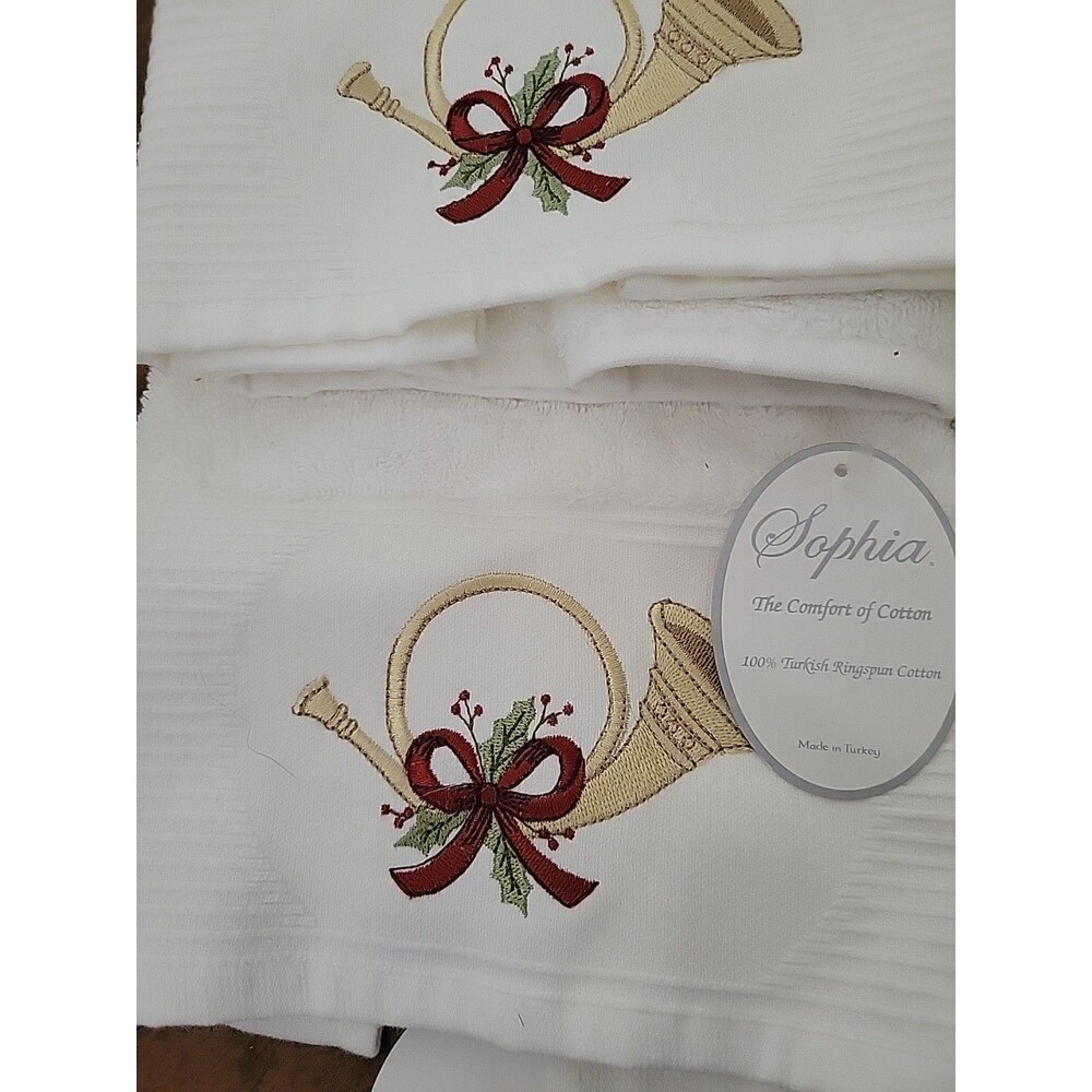 Sophia 100% Cotton Christmas Horn Bow Embroidered Towel Set of 4 New NWT - Picture 5 of 5